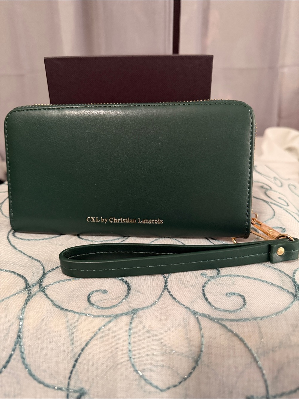 Christian Lacroix Dark Green Zip-Around Wristlet with Gold Logo